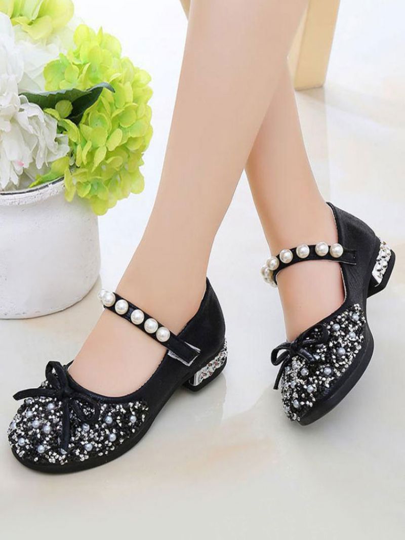 Girls Glitter Bow Pearls Mary Jane Flower Girl Flats - Čierna