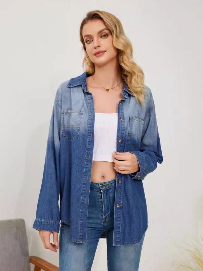 Gradient Denim Blúzka S Dlhými Rukávmi Na Gombíky Busnies Ležérny Dámsky Top - Modrá