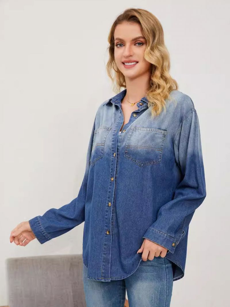 Gradient Denim Blúzka S Dlhými Rukávmi Na Gombíky Busnies Ležérny Dámsky Top - Modrá