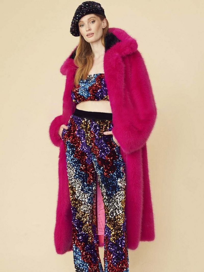 Jednofarebné Dámske Vrchné Oblečenie Longline Fuzzy Coat S Golierom Vpredu