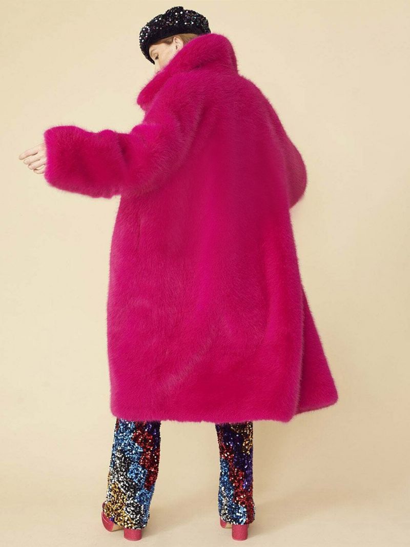 Jednofarebné Dámske Vrchné Oblečenie Longline Fuzzy Coat S Golierom Vpredu - Rose