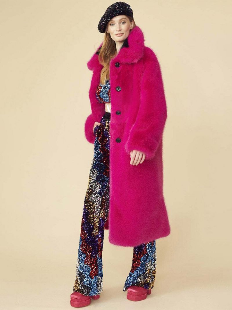 Jednofarebné Dámske Vrchné Oblečenie Longline Fuzzy Coat S Golierom Vpredu - Rose