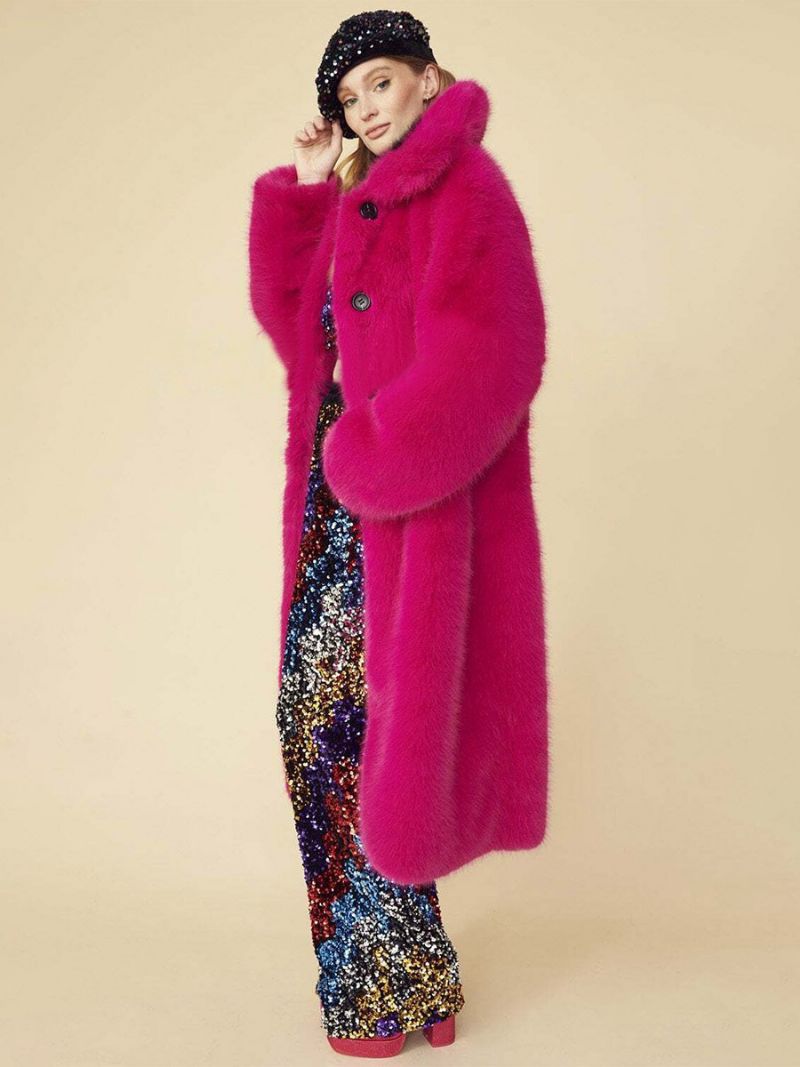 Jednofarebné Dámske Vrchné Oblečenie Longline Fuzzy Coat S Golierom Vpredu - Rose