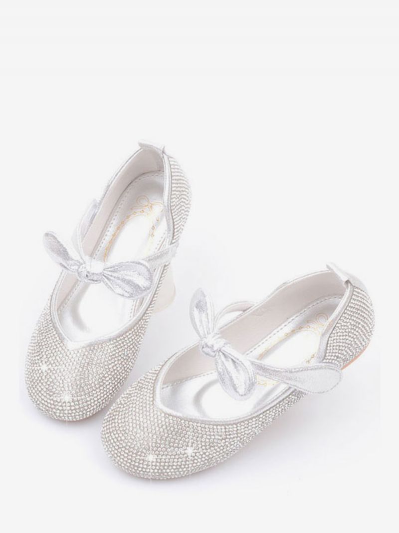 Kvetinové Dievčenské Topánky Kamienky Bowknot Flats - Strieborná