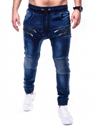 Men Jeans Chic Distressed Antique Design Skinny Blue Denim Nohavice