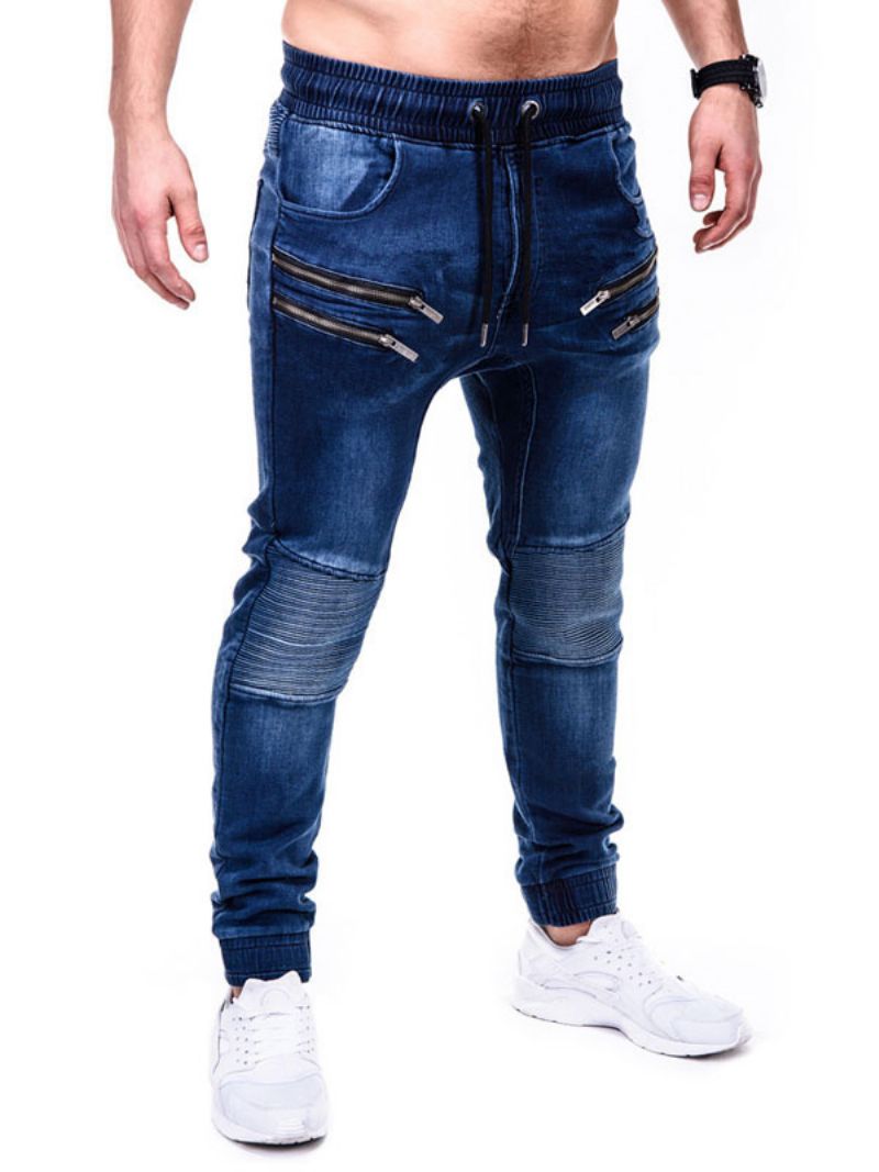 Men Jeans Chic Distressed Antique Design Skinny Blue Denim Nohavice - Modrá