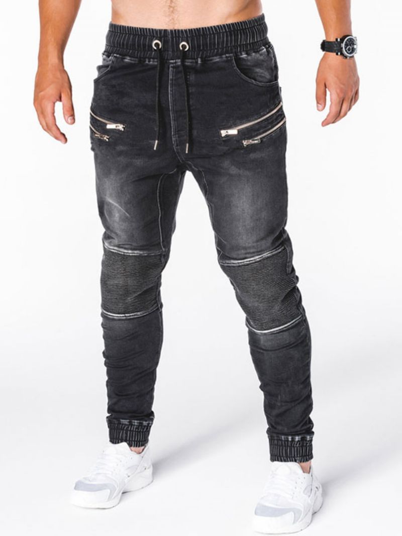 Men Jeans Chic Distressed Antique Design Skinny Blue Denim Nohavice - Čierna