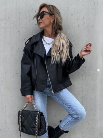 Moto Bunda Z Umelej Kože Black Lapel Zip Up Pu Oversized Jarné Jesenné Motorkárske Vrchné Oblečenie Pre Ženy