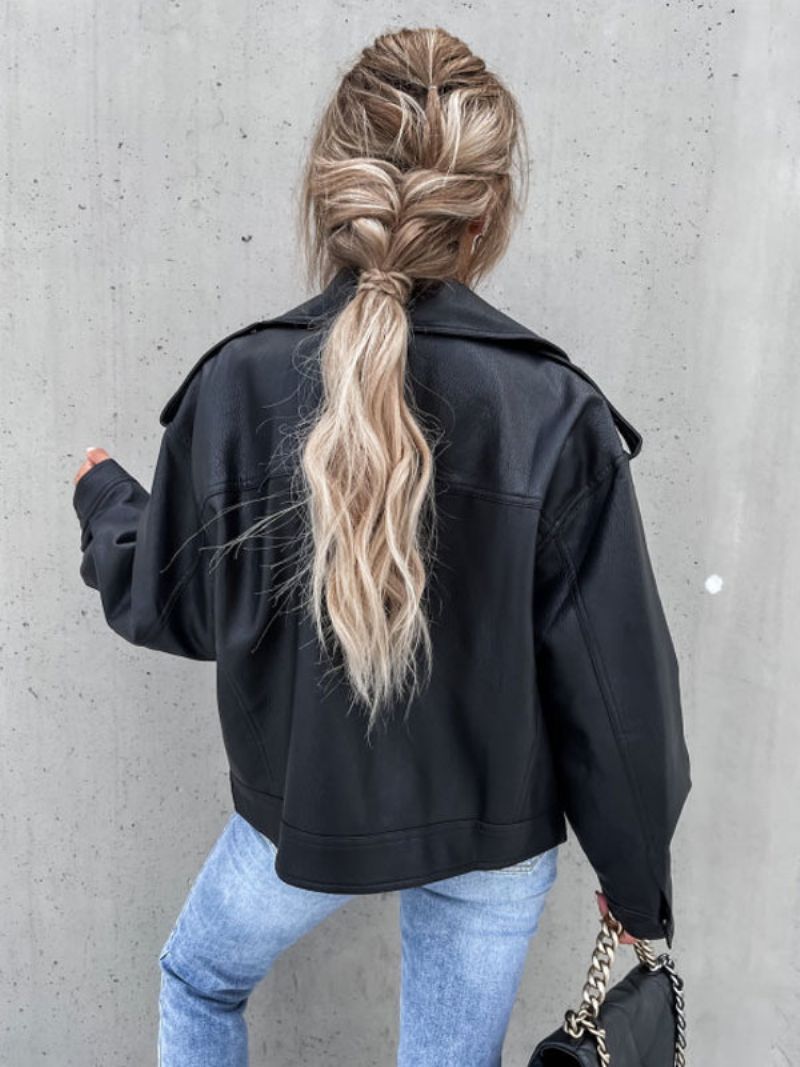 Moto Bunda Z Umelej Kože Black Lapel Zip Up Pu Oversized Jarné Jesenné Motorkárske Vrchné Oblečenie Pre Ženy - Čierna