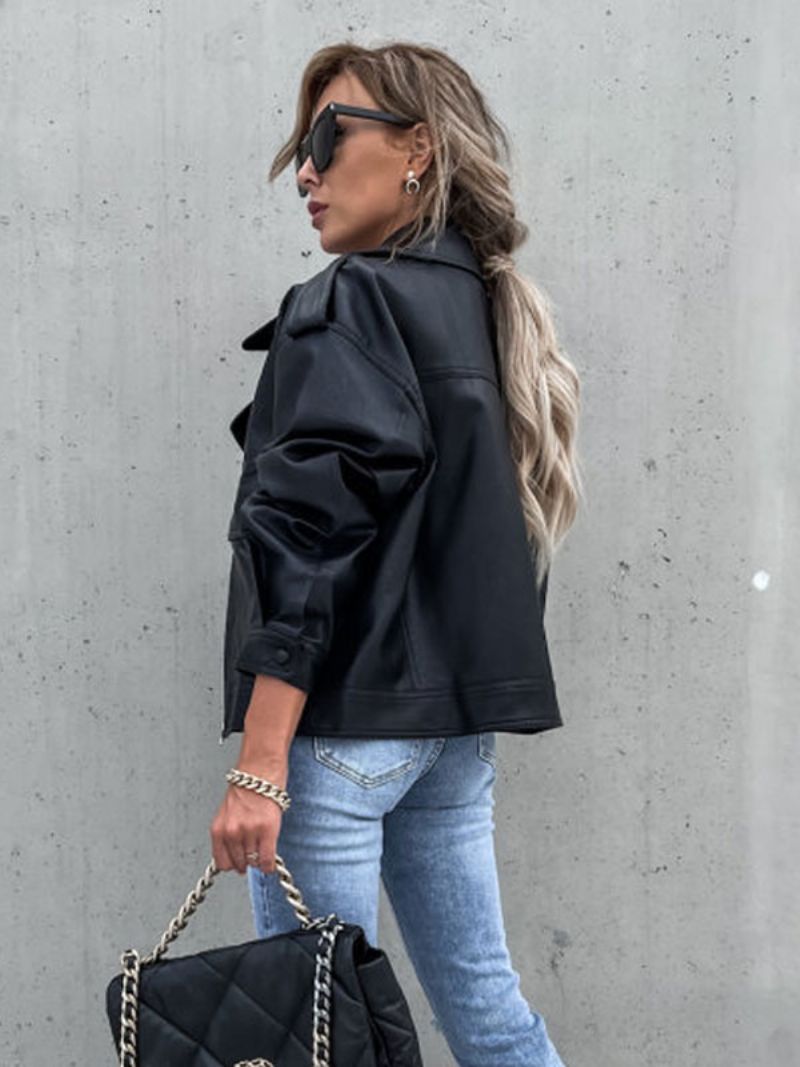 Moto Bunda Z Umelej Kože Black Lapel Zip Up Pu Oversized Jarné Jesenné Motorkárske Vrchné Oblečenie Pre Ženy - Čierna