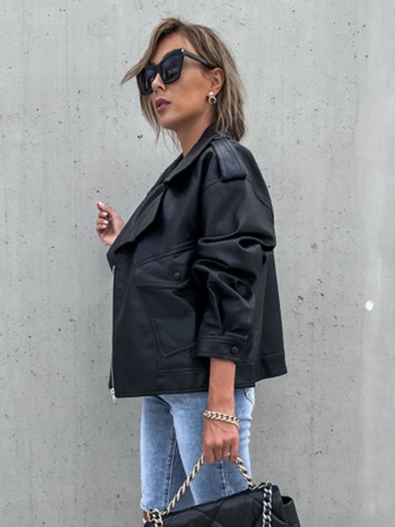 Moto Bunda Z Umelej Kože Black Lapel Zip Up Pu Oversized Jarné Jesenné Motorkárske Vrchné Oblečenie Pre Ženy - Čierna