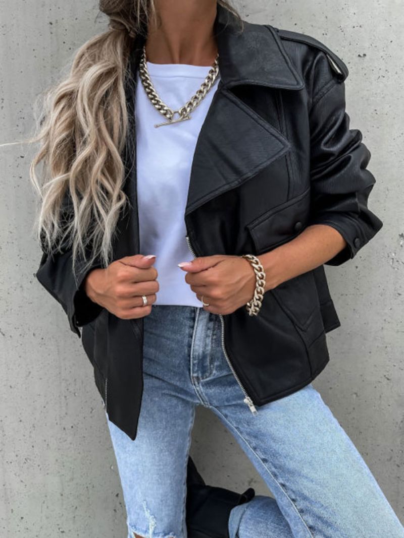 Moto Bunda Z Umelej Kože Black Lapel Zip Up Pu Oversized Jarné Jesenné Motorkárske Vrchné Oblečenie Pre Ženy - Čierna