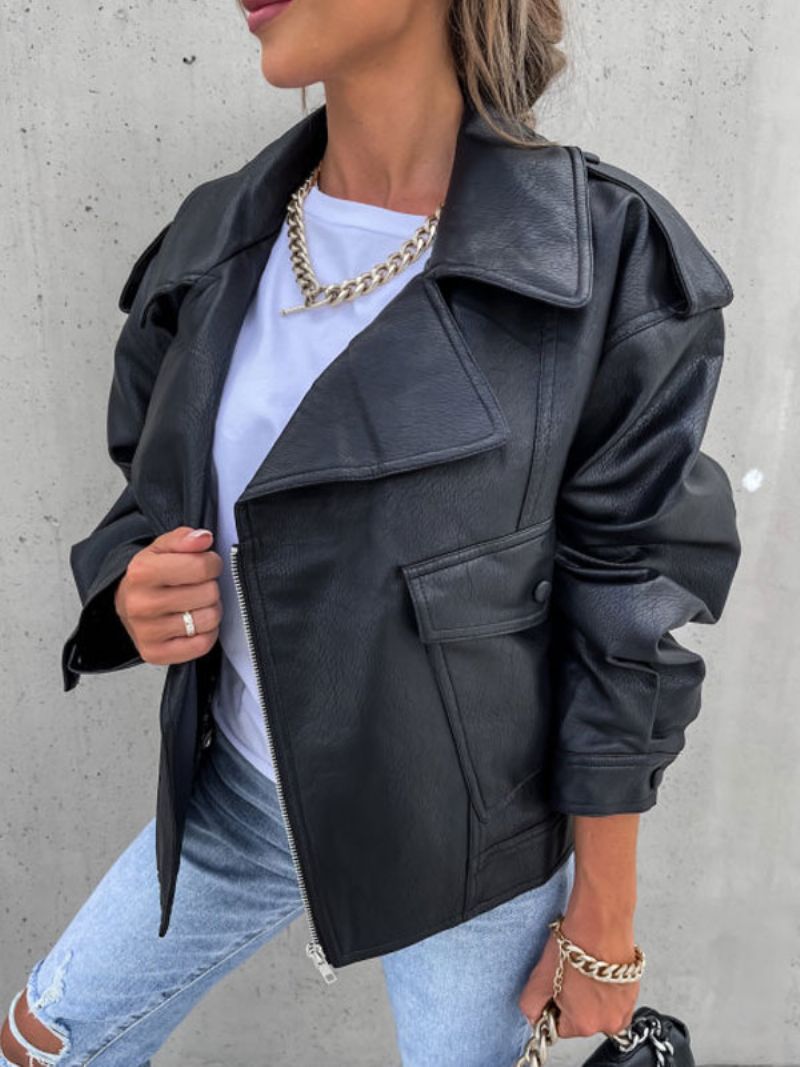 Moto Bunda Z Umelej Kože Black Lapel Zip Up Pu Oversized Jarné Jesenné Motorkárske Vrchné Oblečenie Pre Ženy - Čierna