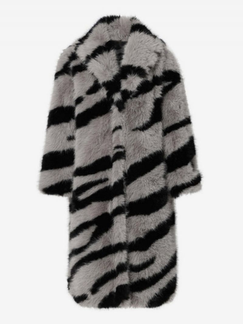 Oversized Dámske Vrchné Oblečenie Z Umelej Kožušiny S Potlačou Zebra Turndown Golier - Šedá