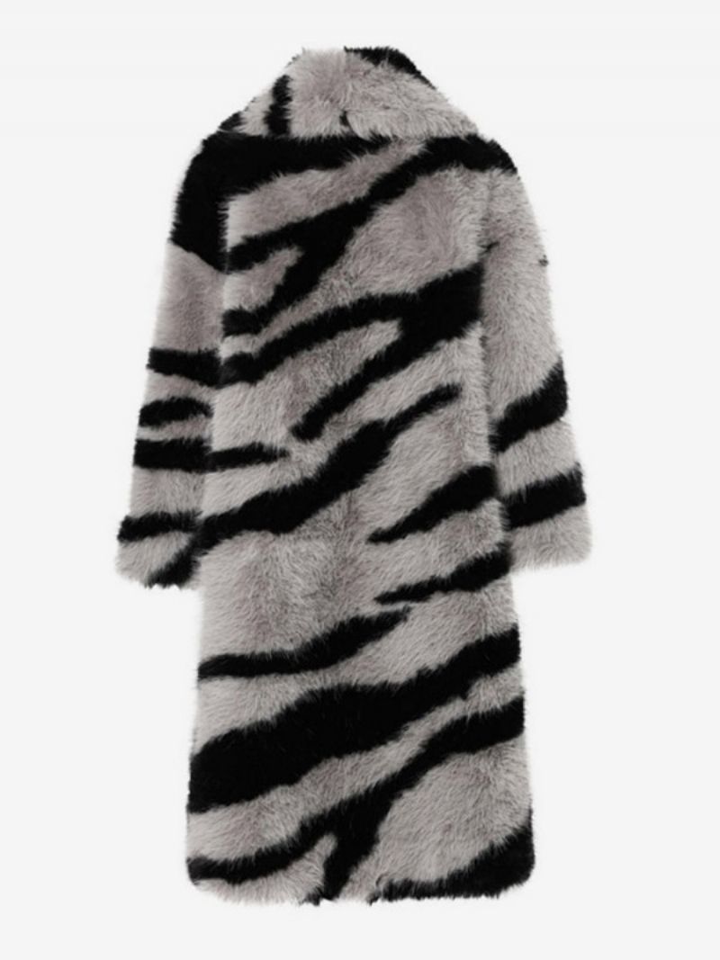 Oversized Dámske Vrchné Oblečenie Z Umelej Kožušiny S Potlačou Zebra Turndown Golier - Šedá