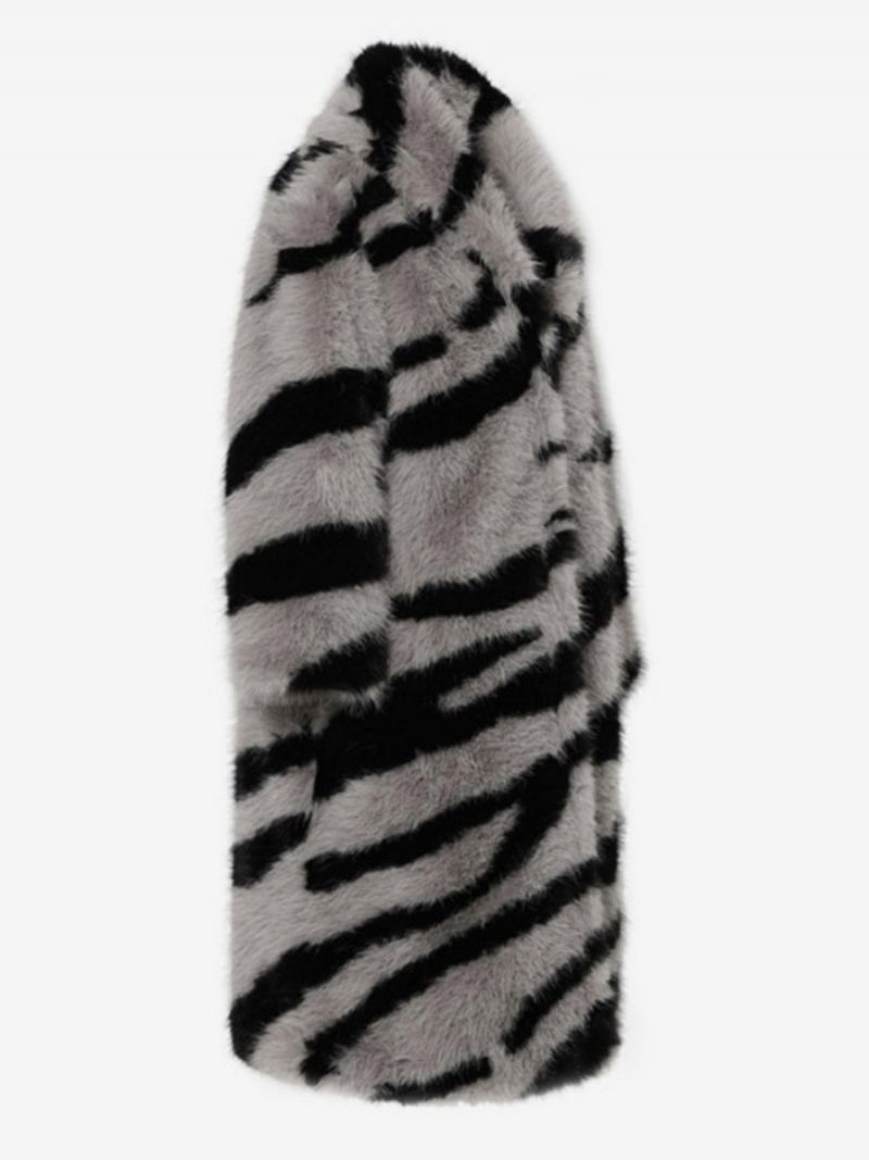 Oversized Dámske Vrchné Oblečenie Z Umelej Kožušiny S Potlačou Zebra Turndown Golier - Šedá