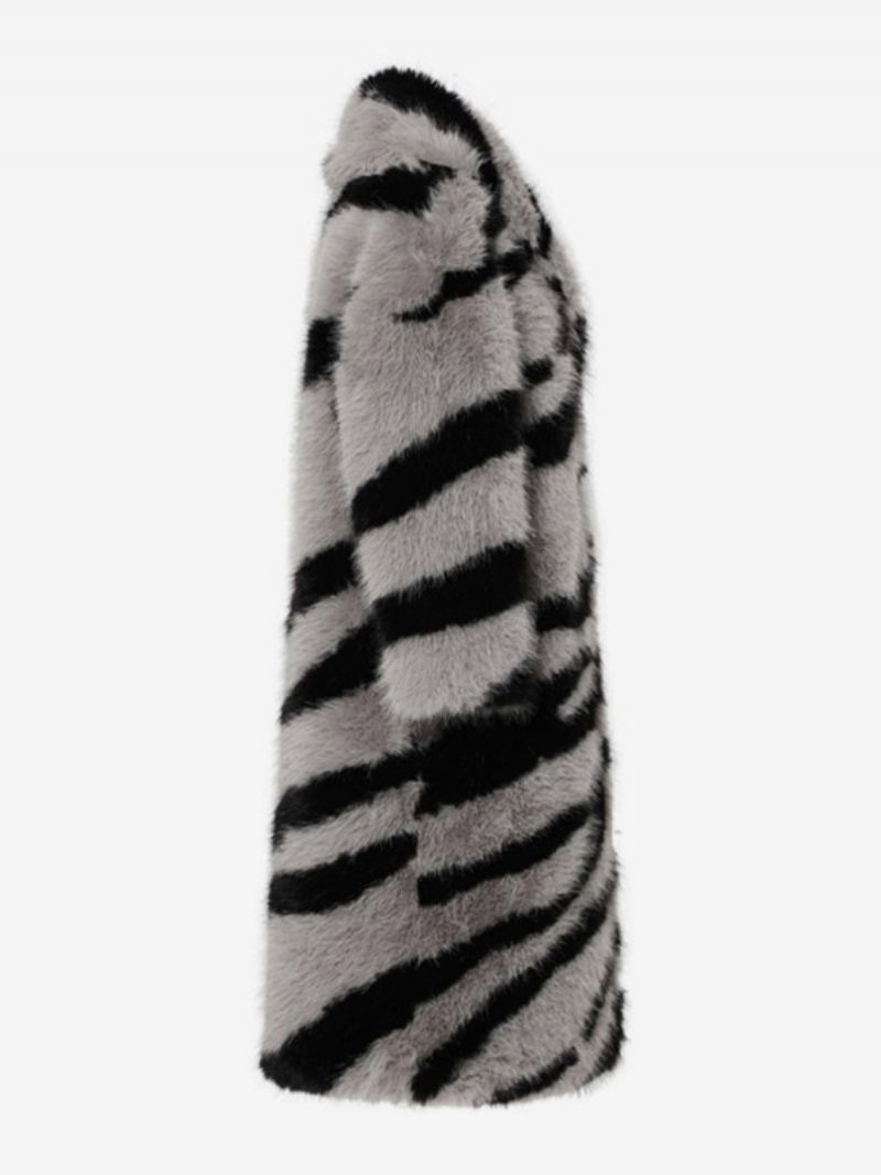 Oversized Dámske Vrchné Oblečenie Z Umelej Kožušiny S Potlačou Zebra Turndown Golier - Šedá