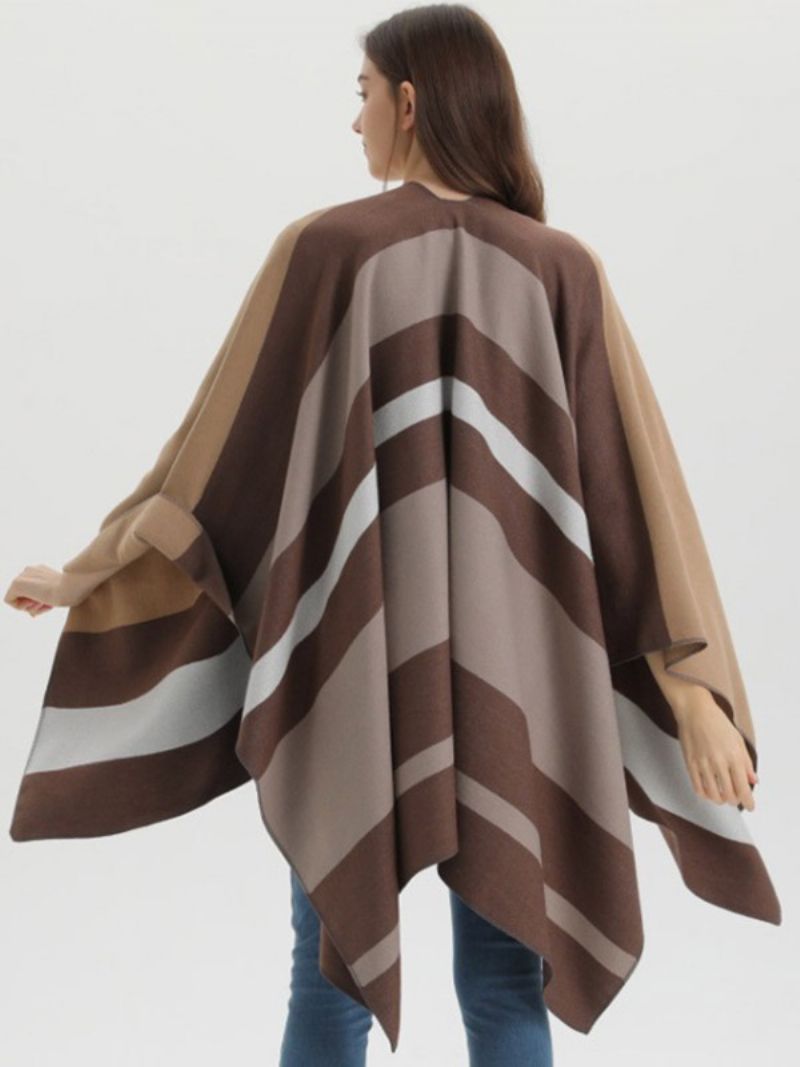 Oversized Ženy Cape Stripes Color Block Fall Winter Poncho - Kávovohnedá