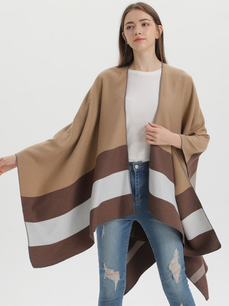 Oversized Ženy Cape Stripes Color Block Fall Winter Poncho - Kávovohnedá