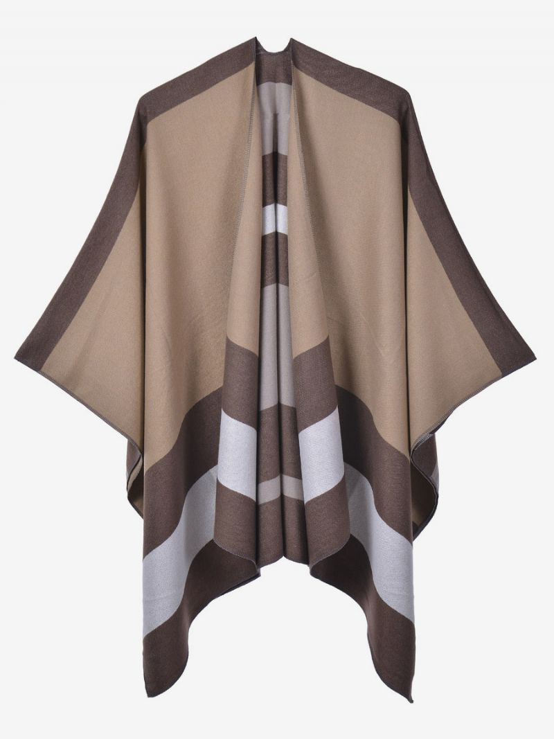 Oversized Ženy Cape Stripes Color Block Fall Winter Poncho - Kávovohnedá