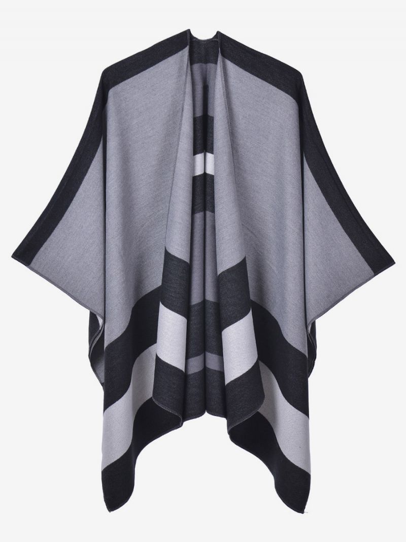 Oversized Ženy Cape Stripes Color Block Fall Winter Poncho - Čierna