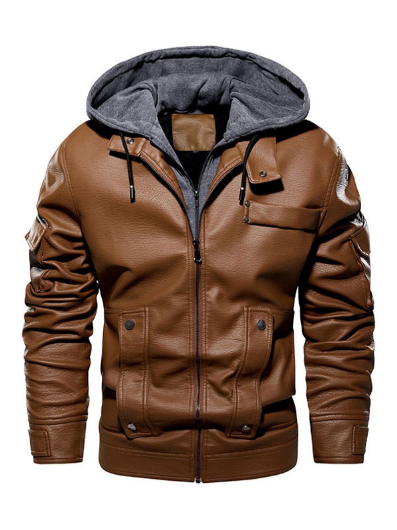 Pánska Kožená Bunda Pohodlný Vrstvený Zips Color Block Fashion Moto Spring Coffee Brown