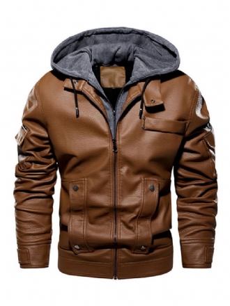 Pánska Kožená Bunda Pohodlný Vrstvený Zips Color Block Fashion Moto Spring Coffee Brown