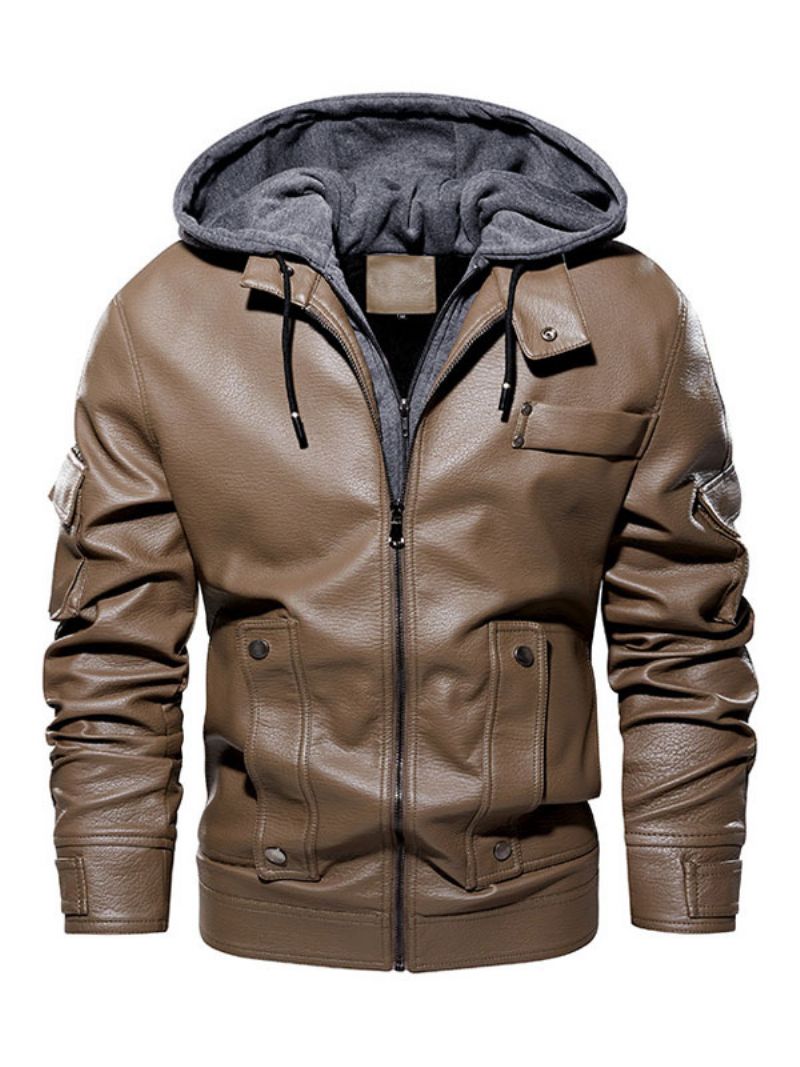 Pánska Kožená Bunda Pohodlný Vrstvený Zips Color Block Fashion Moto Spring Coffee Brown - Khaki