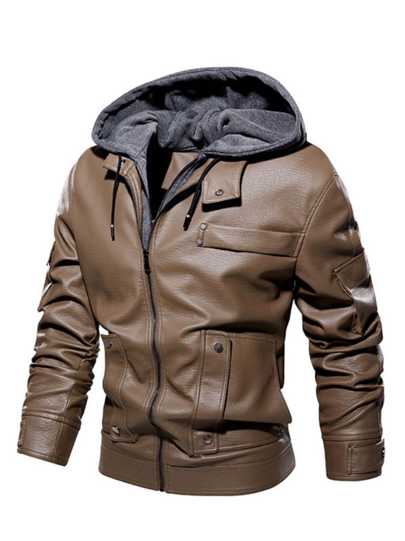 Pánska Kožená Bunda Pohodlný Vrstvený Zips Color Block Fashion Moto Spring Coffee Brown - Khaki