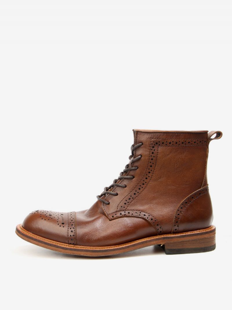 Pánske Brogue Carved High Top Martin Pracovný Motocykel Káva Hnedá Hovädzia Koža Okrúhla Špička Šnurovacie Retro Krátke Čižmy - Káva Hnedá