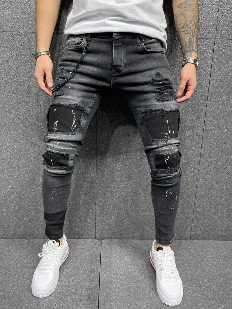 Pánske Džínsy Módne Elegantný Zúfalý Starožitný Dizajn Skinny Black