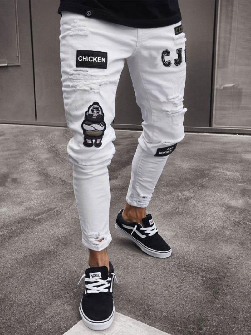 Pánske Džínsy Módne Elegantný Zúfalý Starožitný Dizajn Skinny White Black - Biela