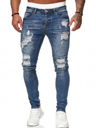 Pánske Džínsy Pre Mužov Elegantný Distressed Starožitný Dizajn Skinny Deep Blue