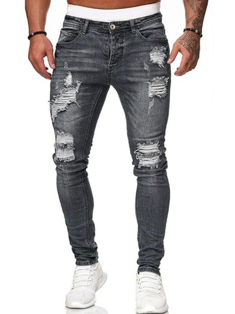 Pánske Džínsy Pre Mužov Elegantný Distressed Starožitný Dizajn Skinny Deep Blue - Sivá