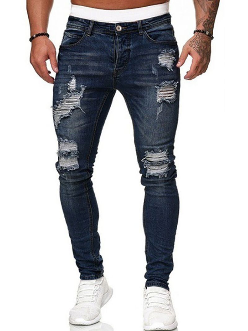 Pánske Džínsy Pre Mužov Elegantný Distressed Starožitný Dizajn Skinny Deep Blue - Modrá