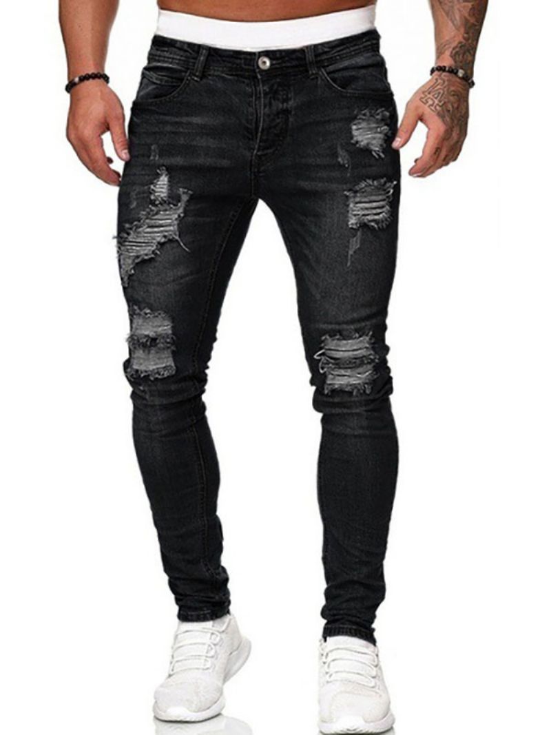 Pánske Džínsy Pre Mužov Elegantný Distressed Starožitný Dizajn Skinny Deep Blue - Čierna