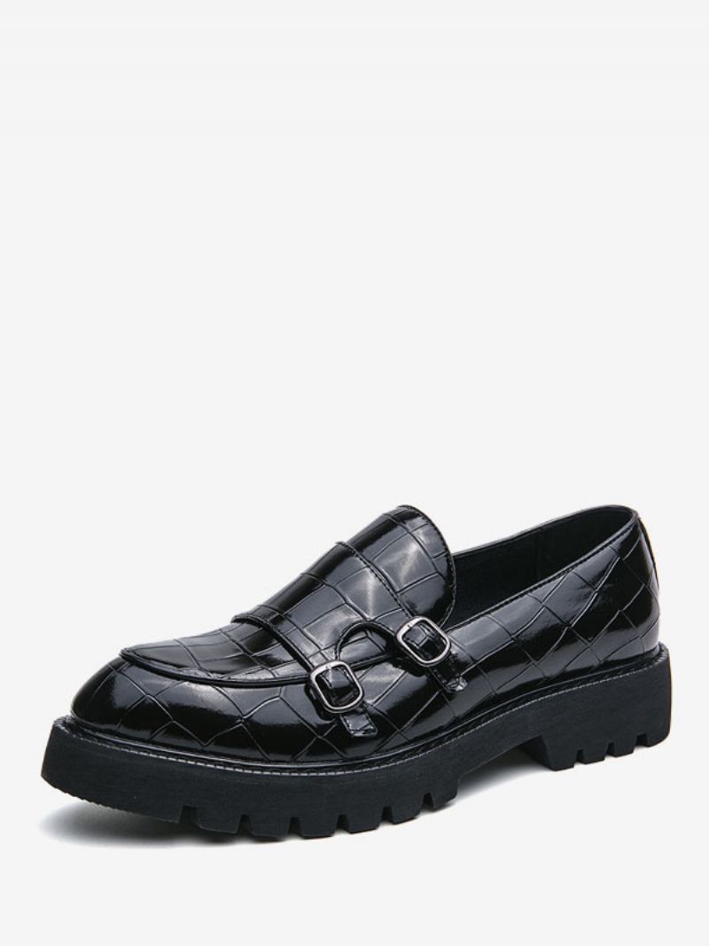 Pánske Mokasínové Topánky Pu Leather Monk Strap Plaid Slip-on - Čierna