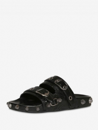 Pánske Sandále Slip On Slide Black Open Toe Rivets Kovový Detail