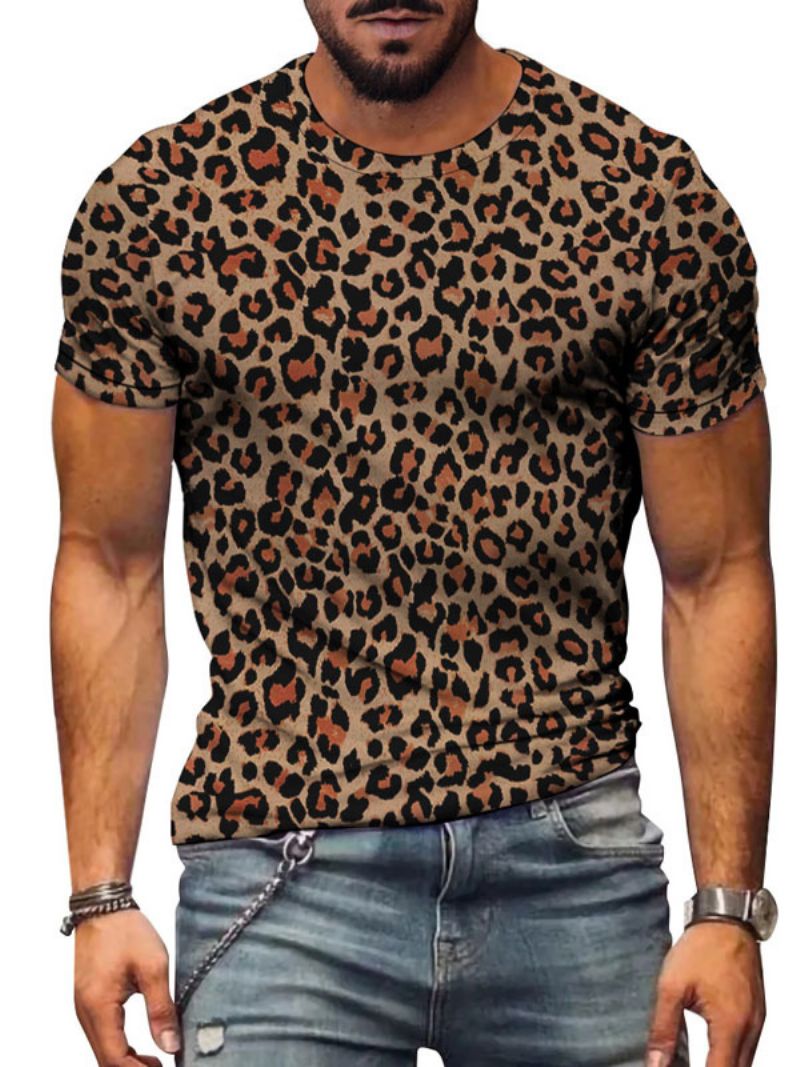 Pánske Tričká Casual Jewel Neck Leopard Print Krátke Rukávy - Káva Hnedá