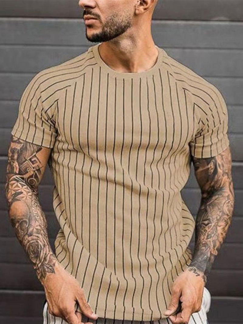 Pánske Tričká Casual Jewel Neck Stripes Krátke Rukávy - Khaki