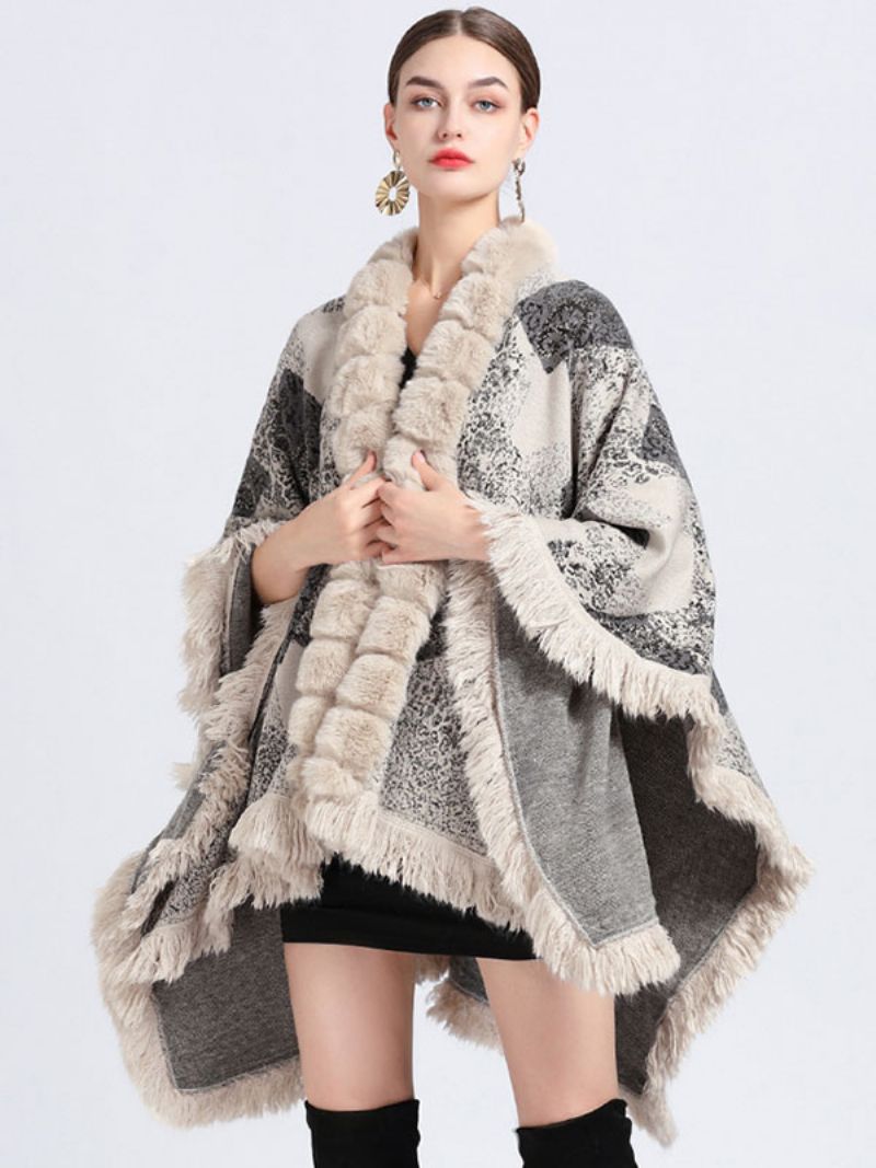 Plášť Cape Faux Fur Wraps Šatka Jarné Pončo Kabát Pre Ženy - Béžová