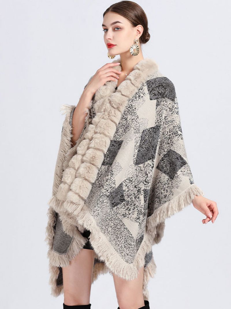 Plášť Cape Faux Fur Wraps Šatka Jarné Pončo Kabát Pre Ženy - Béžová