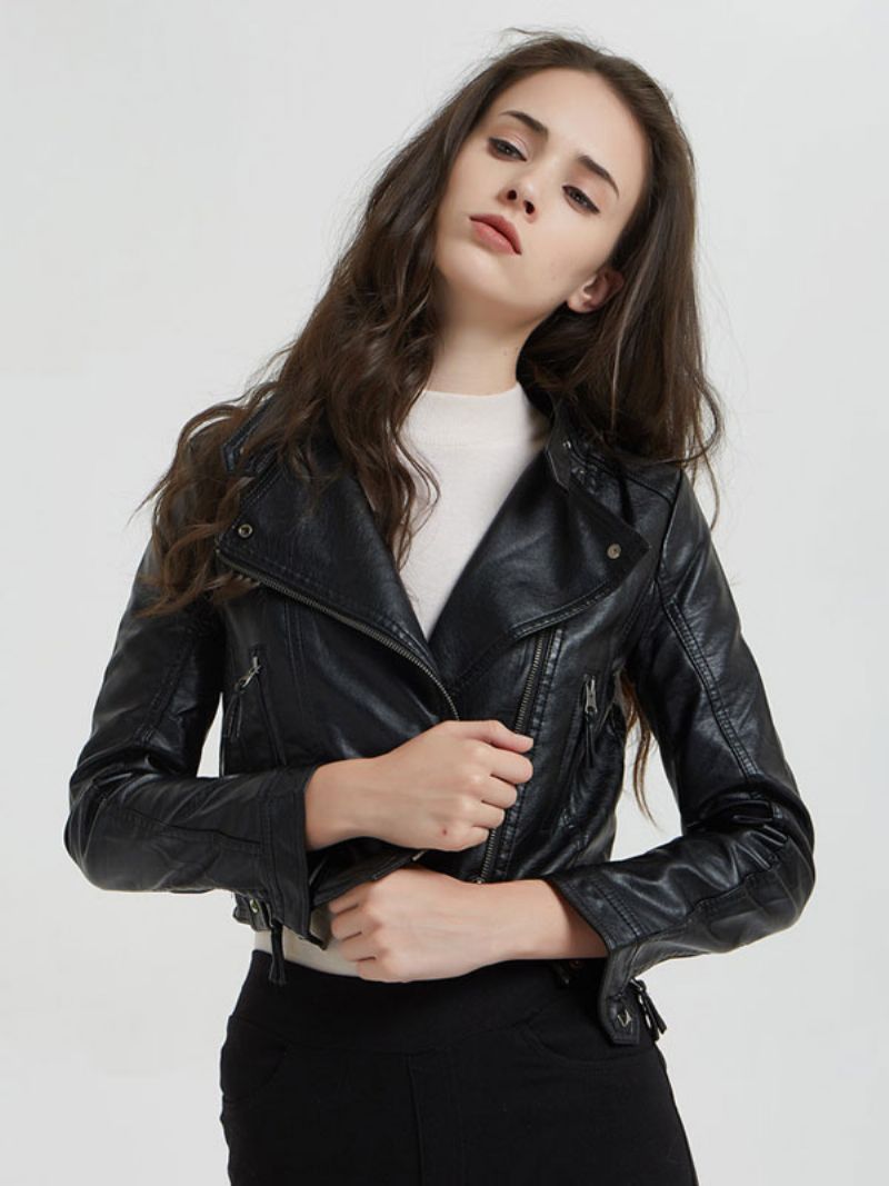 Pu Leather Moto Jacket Stand Golier Boyfriend Spring Vrchné Oblečenie Pre Ženy - Čierna