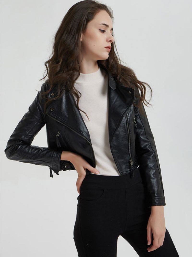 Pu Leather Moto Jacket Stand Golier Boyfriend Spring Vrchné Oblečenie Pre Ženy - Čierna