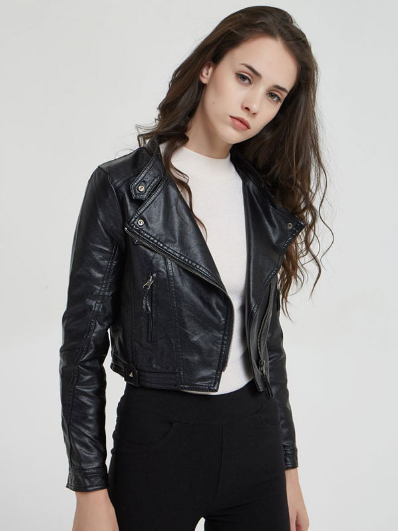 Pu Leather Moto Jacket Stand Golier Boyfriend Spring Vrchné Oblečenie Pre Ženy - Čierna