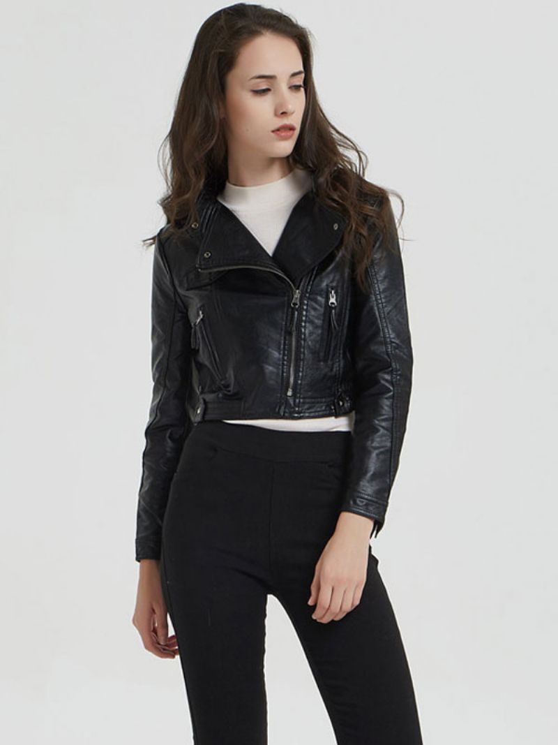 Pu Leather Moto Jacket Stand Golier Boyfriend Spring Vrchné Oblečenie Pre Ženy - Čierna