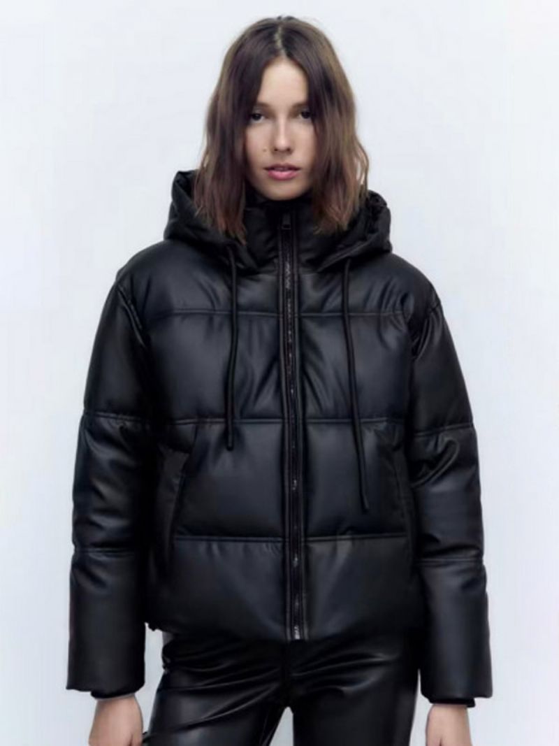 Puffer Coat Stojan Golier Hodded Zips Šikmé Vrecká Dámske Vrchné Oblečenie