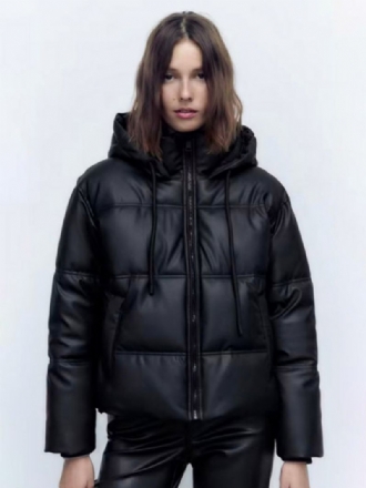 Puffer Coat Stojan Golier Hodded Zips Šikmé Vrecká Dámske Vrchné Oblečenie