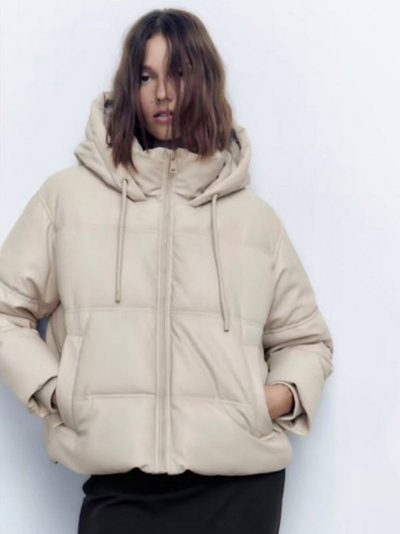 Puffer Coat Stojan Golier Hodded Zips Šikmé Vrecká Dámske Vrchné Oblečenie - Béžová