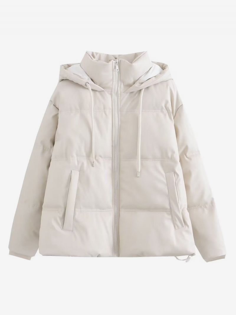 Puffer Coat Stojan Golier Hodded Zips Šikmé Vrecká Dámske Vrchné Oblečenie - Béžová